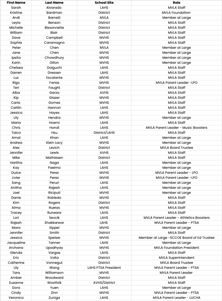 Four column table with a list of sixty names of members of the council