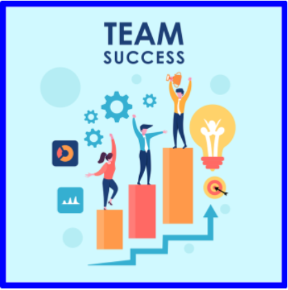 team success graphic of three people walking on a bar graph