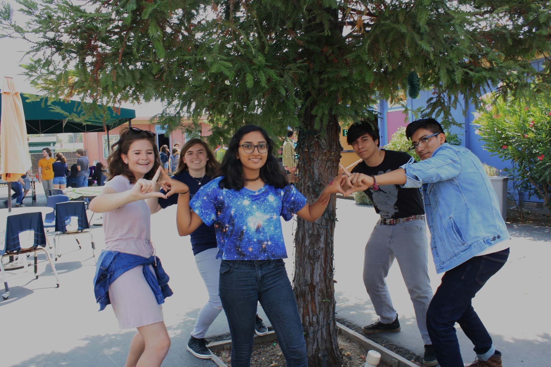 5 students holding hands around a tree